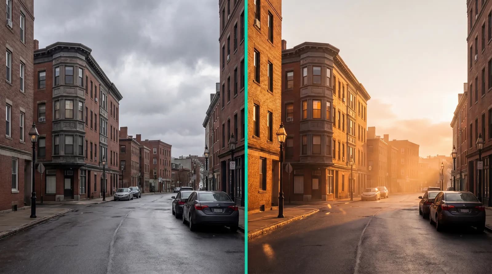 Before and after example of a semantic edit with Nano Banana Pro — daytime street scene transformed to golden hour